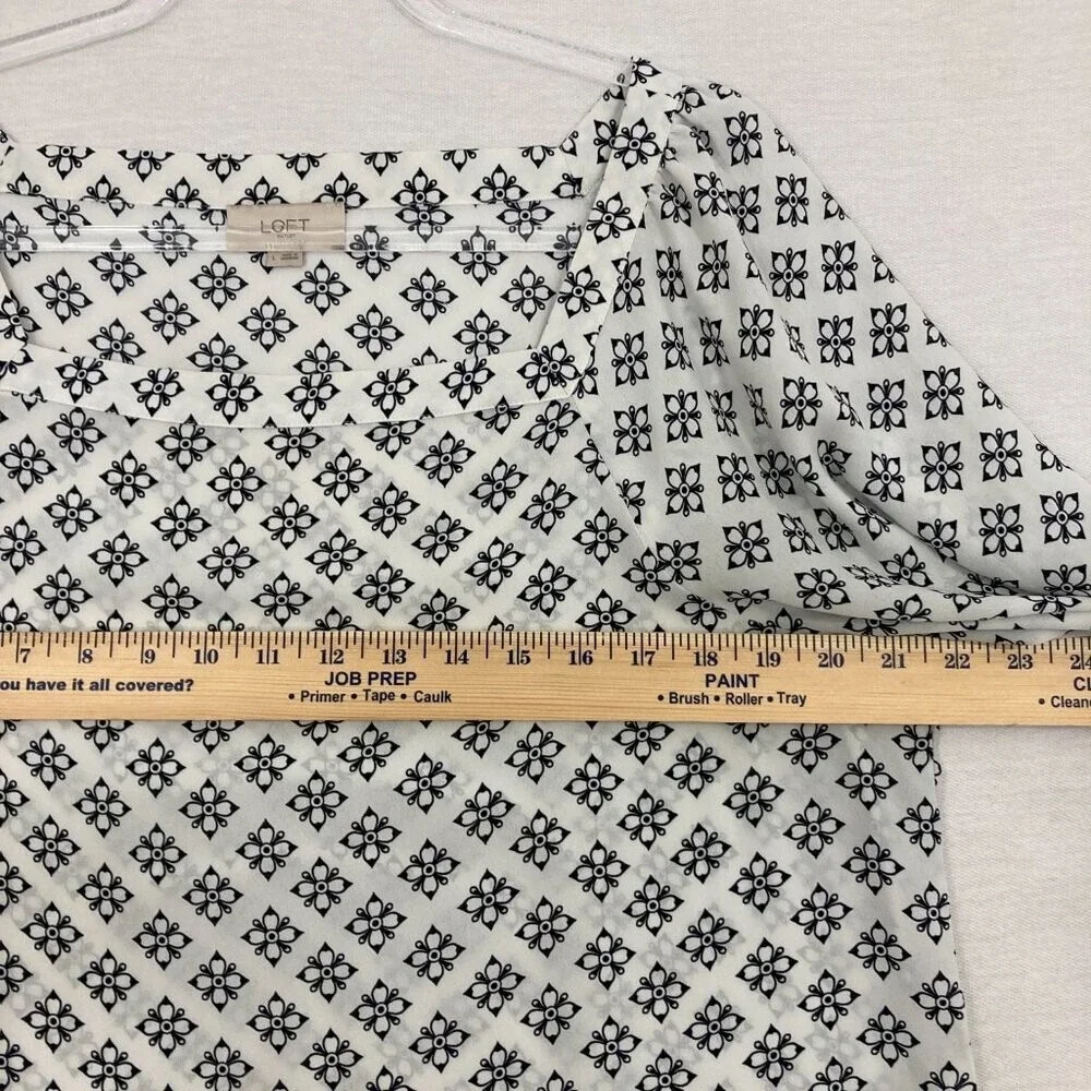 LOFT Black‎ White Square Neck 3/4 Puff Sleeve Feminine Preppy Blouse Large